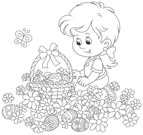 Easter egg hunt in flowers. Little girl with a decorated basket collecting painted eggs among daisies, a black and white vector illustration for a coloring book