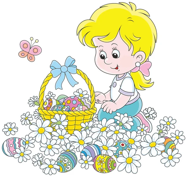 Caza Huevos Pascua Flores Niña Con Una Cesta Decorada Recogiendo — Vector de stock