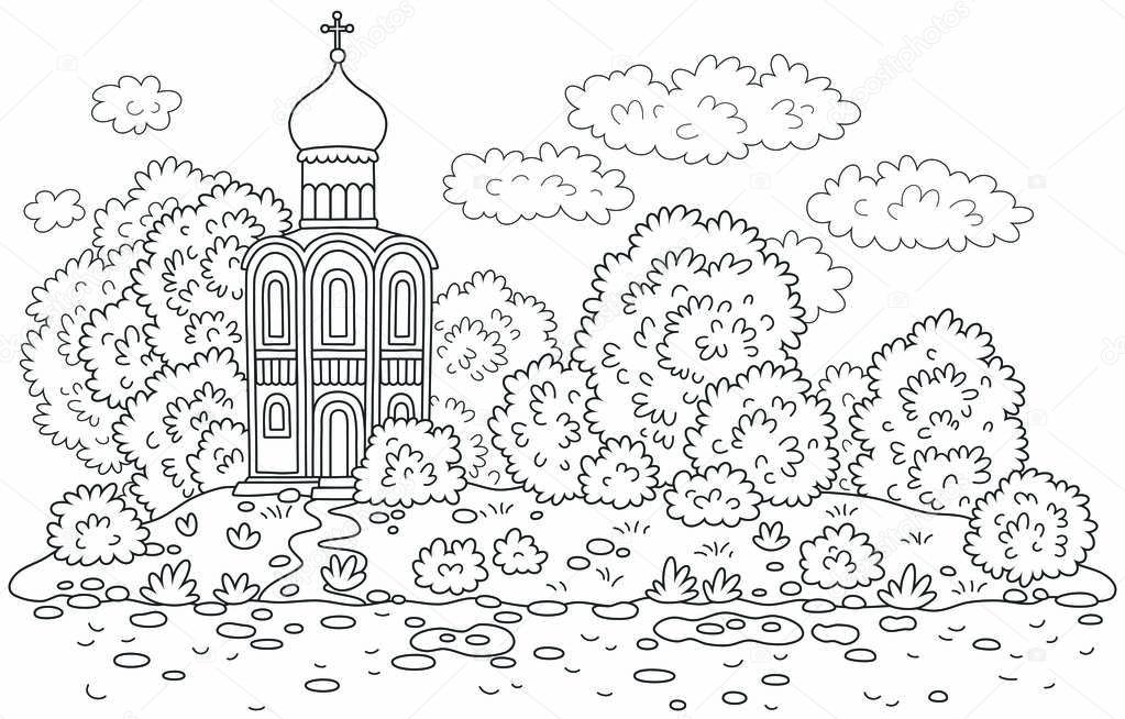 Old church among trees on an island, a black and white vector illustration for a coloring book