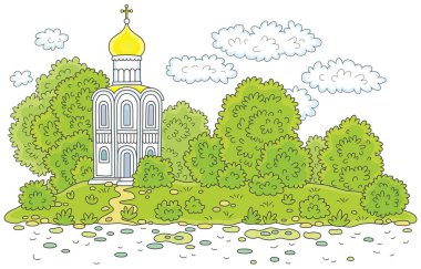 Pitoresk bir adada yeşil ağaçlar arasında eski beyaz kilise