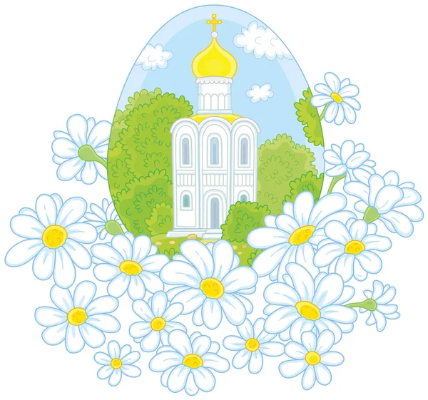 Oeuf Pâques Avec Une Église Blanche Des Fleurs Illustration Vectorielle — Image vectorielle