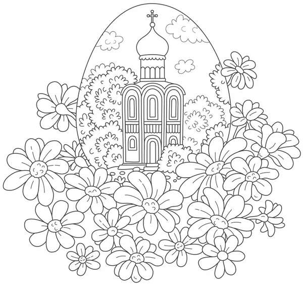 Osterei Mit Kirche Und Blumen Schwarz Weiße Vektorillustration Eines Eies — Stockvektor