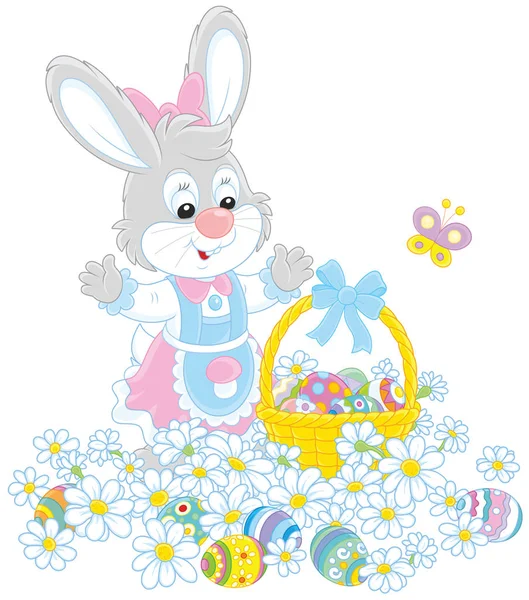 Easter Egg Hunt Flowers Little Bunny Decorated Basket Collecting Colorfully — Stock Vector