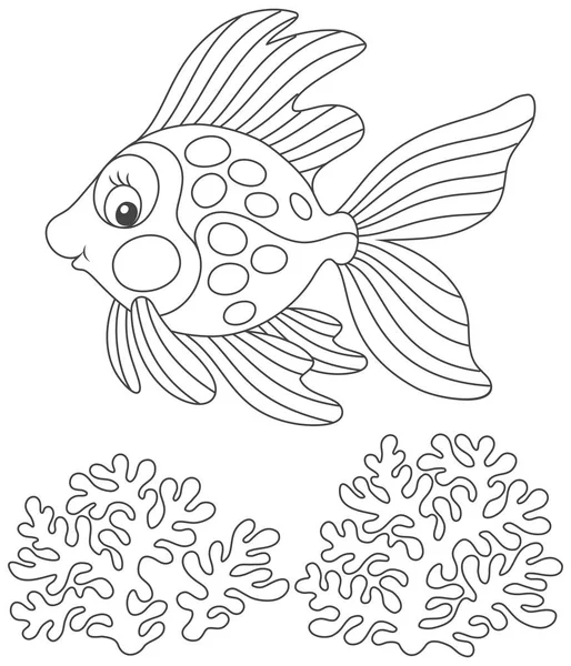 热带金鱼友好的微笑和游泳超过珊瑚 一个黑白矢量插图在滑稽的卡通风格的着色书 — 图库矢量图片