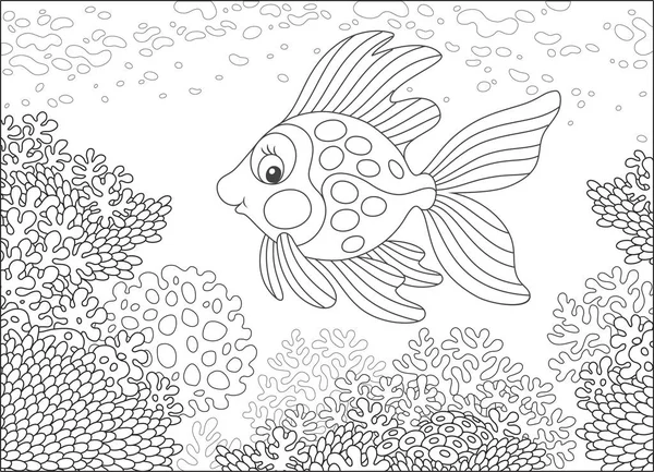 熱帯の金魚笑みを浮かべて 素晴らしいサンゴの上に泳いで塗り絵の面白い漫画のスタイルの黒と白のベクトル図 — ストックベクタ