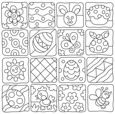 Easter pattern. Black and white vector collection of holiday icons with flowers, eggs and other objects in simple cartoon style for a coloring book vector Easter pattern. Black and white vector collection of holiday icons with flowers, eggs and other objects in simple cartoon style for a coloring book vector