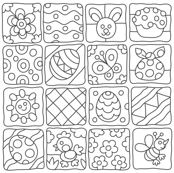 复活节模式 黑白矢量收集的节日图标与鲜花 鸡蛋和其他对象在简单的卡通风格的着色书 — 图库矢量图片