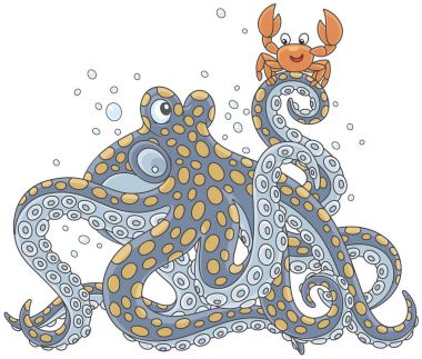 Komik küçük Yengeç, bir vektör çizim karikatür tarzı ile konuşurken büyük benekli ahtapot