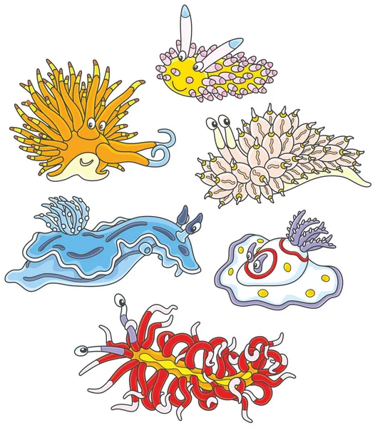 Zbiór Zabawne Kolorowe Morze Potworów Mięczaki Wektorowe Ilustracje Stylu Kreskówki — Wektor stockowy