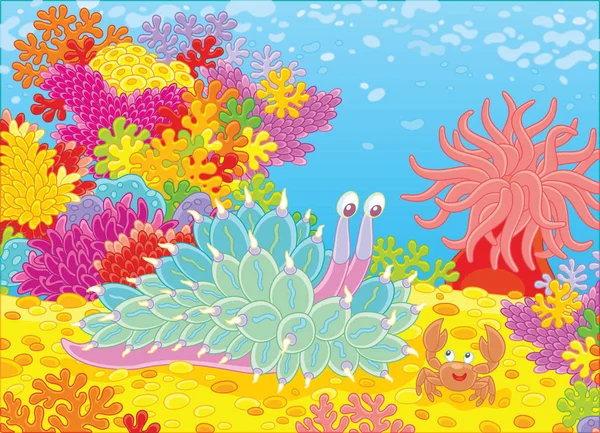 Molusco Tropical Divertido Cangrejo Sonriente Amigable Colorido Arrecife Coral Una — Vector de stock