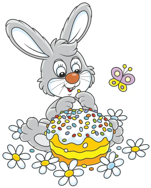 Conejo Pascua Con Pastel Vacaciones Coloridamente Decorado Entre Las Flores — Archivo Imágenes Vectoriales