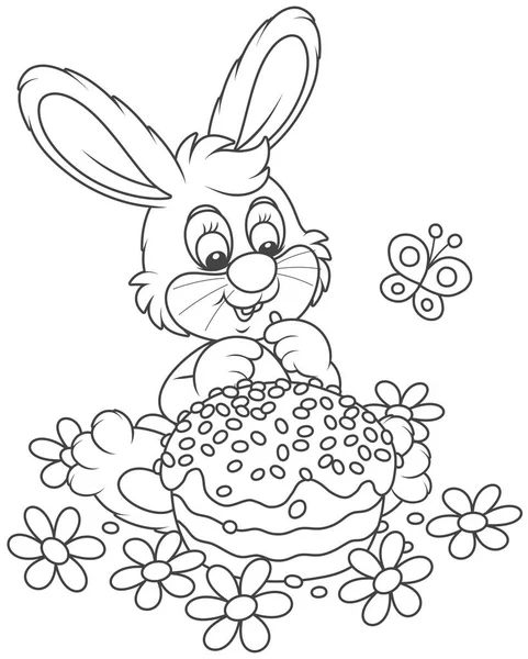 イースターのウサギの塗り絵の漫画のスタイルの黒と白のベクトル図は花 装飾された休日のケーキ — ストックベクタ
