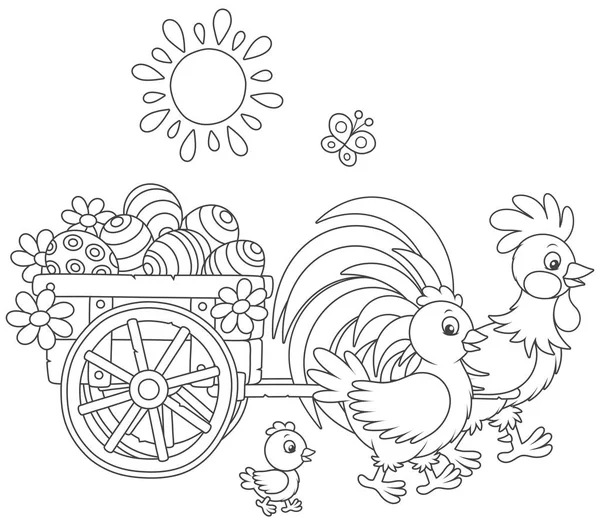 Small Wooden Cart Painted Easter Eggs Pulled Rooster Hen Little — Stock Vector