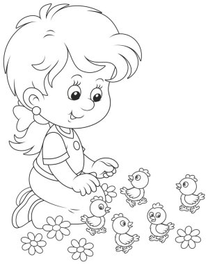 Little girl playing with small funny chicks, a black and white vector illustration in a cartoon style for a coloring book vector Little girl playing with small funny chicks, a black and white vector illustration in a cartoon style for a coloring book vector
