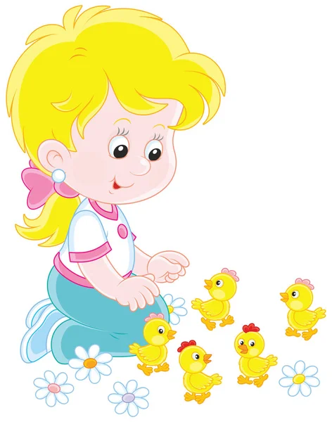 Little Girl Playing Small Funny Chicks Vector Illustration Cartoon Style — Stock Vector