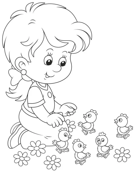 Little Girl Playing Small Funny Chicks Black White Vector Illustration — Stock Vector