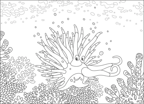 Divertente Mollusco Tropicale Tra Coralli Incredibili Una Barriera Corallina Illustrazione — Vettoriale Stock