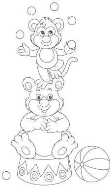 Circus bear and monkey juggling with color balls, a black and white vector illustration in a cartoon style for a coloring book clipart