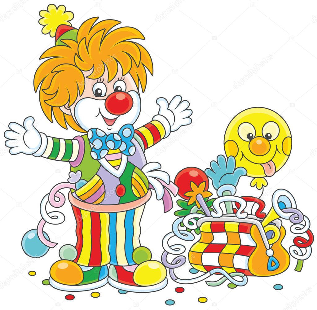 Friendly smiling circus clown in a colorful suit with his toys in a suitcase, a  vector illustration in a cartoon style