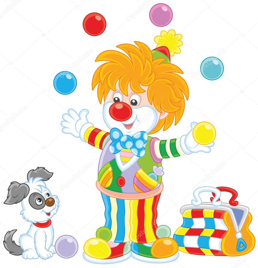 Friendly smiling circus clown in a colorful suit juggling with color balls and playing with his small dog, a  vector illustration in a cartoon style