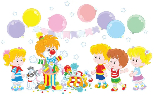 Amistoso Payaso Circo Sonriente Traje Colorido Con Cachorro Juguetes Globos — Vector de stock