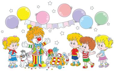 Friendly smiling circus clown in a colorful suit with his pup, toys and balloons playing with small children, a  vector illustration in a cartoon style clipart