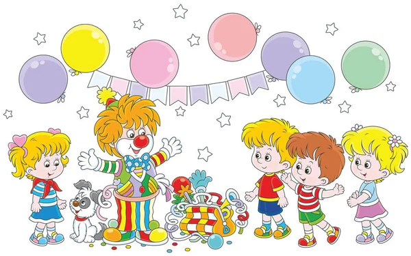 Дружелюбный Цирковой Клоун Красочном Костюме Своим Щенком Игрушками Воздушными Шарами — стоковый вектор