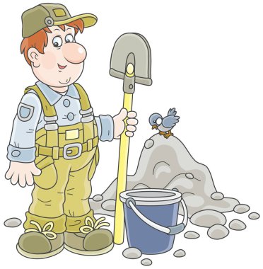Bir kürek ve bir yığın zemin, bir vektör çizim karikatür tarzı yakınındaki bir kova ile gülümseyen işçi