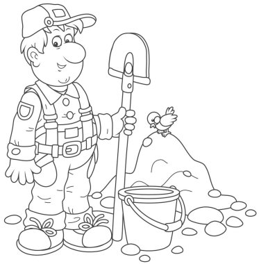 İşçi bir kürek ve bir yığın zemin yakınındaki bir kova ile gülümseyen, siyah ve beyaz vektör çizim karikatür tarzı bir boyama kitabı için