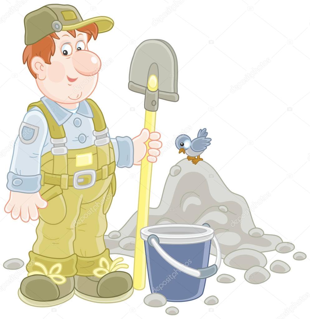 Smiling worker with a spade and a bucket near a heap of ground, a  vector illustration in cartoon style