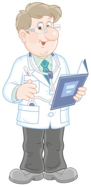 Doktor bir tıbbi geçmiş ve bir steteskop, bir vektör çizim karikatür tarzı bir klasörle beyaz hastane elbisesi içinde gülümseyen