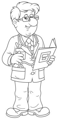 Bir hastane elbisesi bir tıbbi geçmiş ve bir stetoskop bir klasörle doktor gülümseyen, siyah ve beyaz vektör illüstrasyon karikatür tarzı bir boyama kitabı için