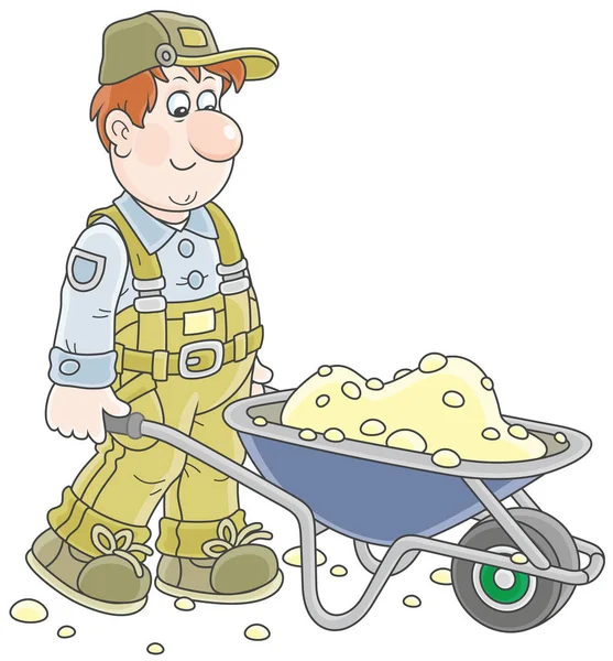 Smiling Worker Carrying Sand Wheelbarrow Vector Illustration Cartoon Style — Stock Vector