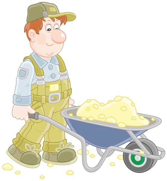 Smiling Worker Carrying Sand Wheelbarrow Vector Illustration Cartoon Style — Stock Vector