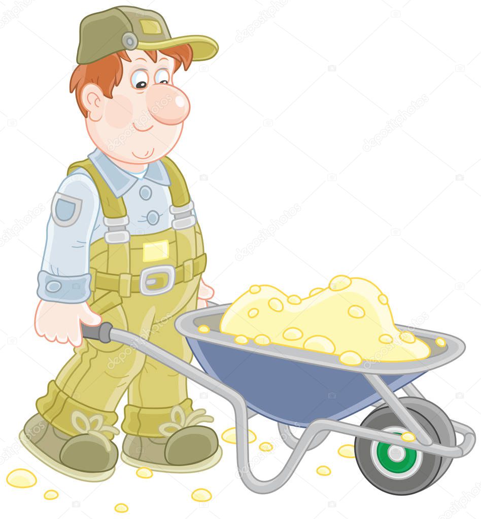 Smiling worker carrying sand in a wheelbarrow, a  vector illustration in cartoon style