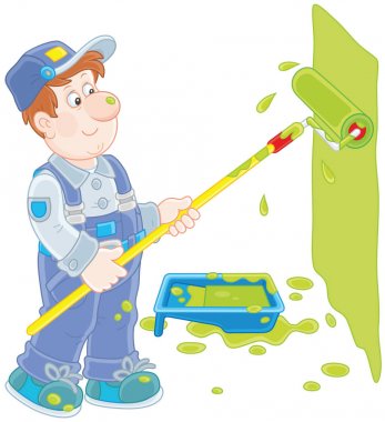 Gülümseyen ev ressam bir rulo, bir vektör çizim karikatür tarzı ile bir duvar boyama