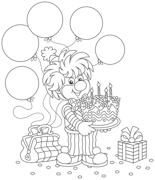 友好的微笑马戏团小丑在五颜六色的西装与生日蛋糕 气球和礼物 一个黑白矢量插图的卡通风格的着色书 — 图库矢量图片