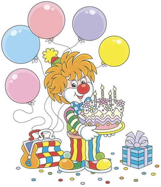 Amistoso Payaso Circo Sonriente Traje Colorido Con Pastel Cumpleaños Globos — Vector de stock