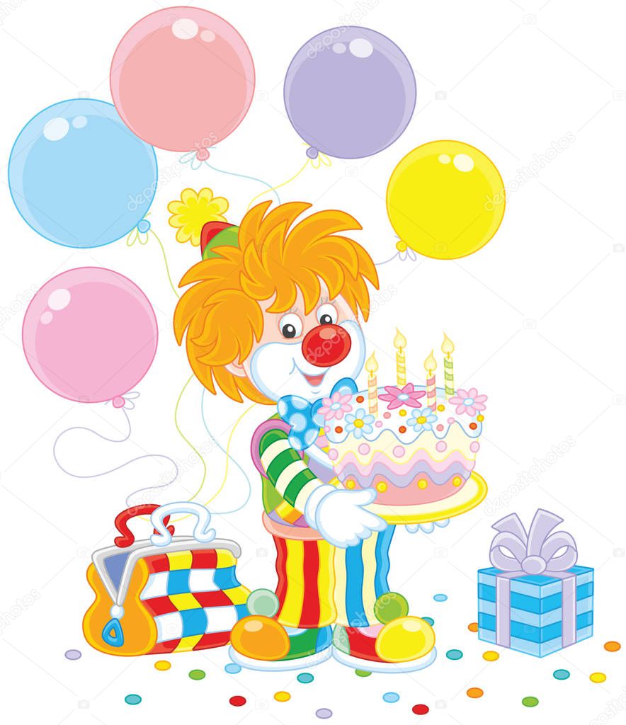Friendly smiling circus clown in a colorful suit with a birthday cake, balloons and a gift, a  vector illustration in a cartoon style