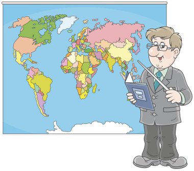 Coğrafya öğretmeni bir schoolbook ve bir Dünya Haritası, bir vektör çizim karikatür tarzı yakınındaki bir işaretçi ayakta