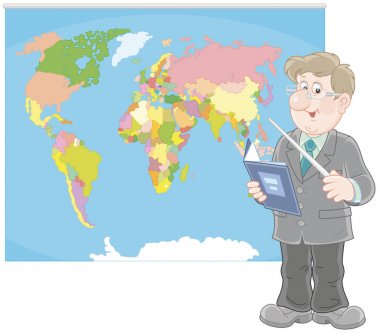 Coğrafya öğretmeni bir schoolbook ve bir Dünya Haritası, bir vektör çizim karikatür tarzı yakınındaki bir işaretçi ayakta