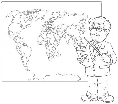 Geography teacher with a schoolbook and a pointer standing near a world map, a black and white vector illustration in a cartoon style for a coloring book clipart