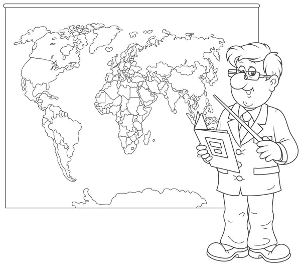 Professor Geografia Com Livro Escolar Ponteiro Perto Mapa Mundo Uma —  Vetores de Stock