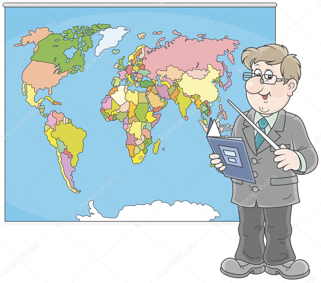 Geography teacher with a schoolbook and a pointer standing near a world map, a  vector illustration in cartoon style