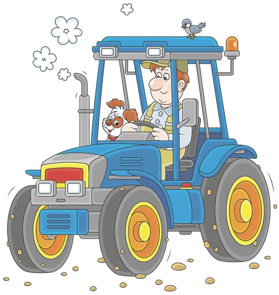 Smiling Worker Driving His Wheeled Tractor Vector Illustration Cartoon Style — Stock Vector