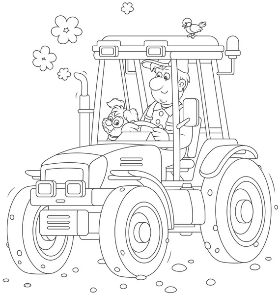 Smiling Worker Driving His Wheeled Tractor Black White Vector Illustration — Stock Vector