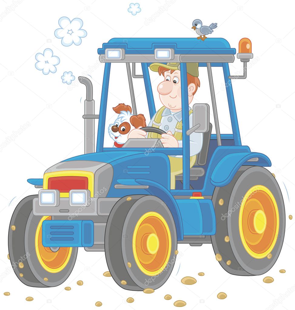 Smiling worker driving his wheeled tractor, a vector illustration in cartoon style