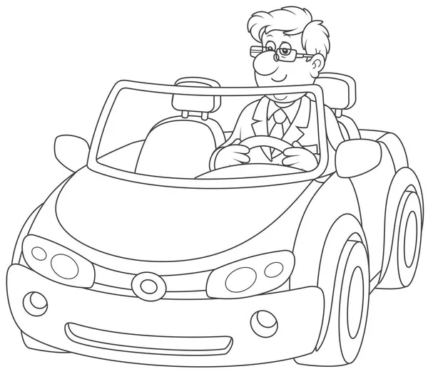 Hombre Sonriente Conduciendo Coche Deportivo Una Ilustración Vectorial Blanco Negro — Archivo Imágenes Vectoriales