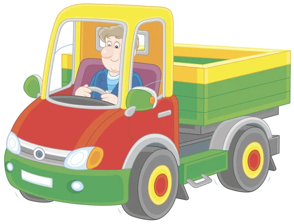 Camionero Sonriente Hombre Conduciendo Pequeño Camión Vector Ilustración Estilo Dibujos — Archivo Imágenes Vectoriales