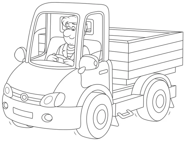 Camionneur Homme Souriant Conduisant Son Petit Camion Une Illustration Vectorielle — Image vectorielle